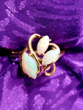 14k Gold Opal Marquise Cluster Ring — White Opal